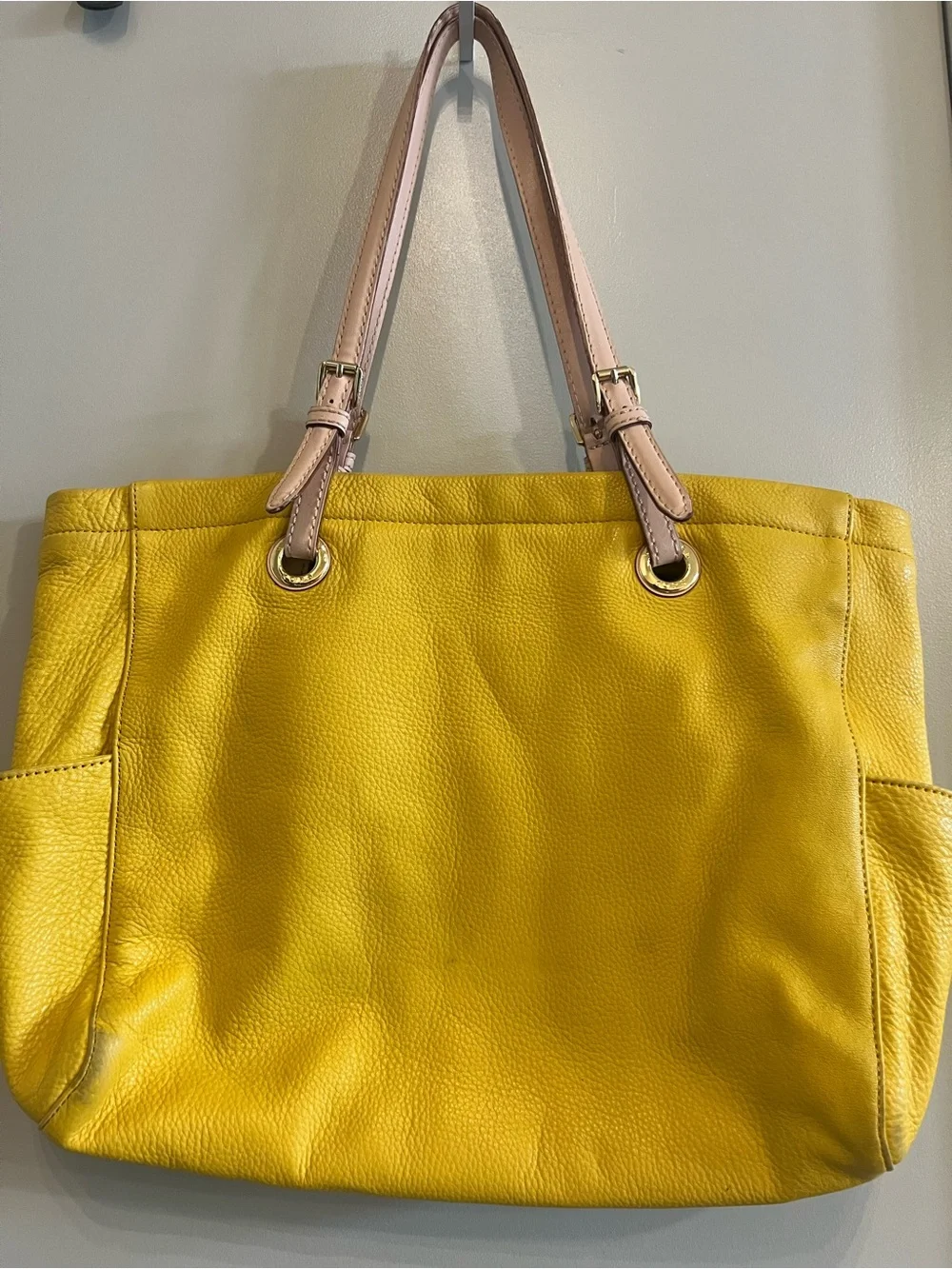 Michael Kors Bright Yellow Leather Tote with Tan Straps